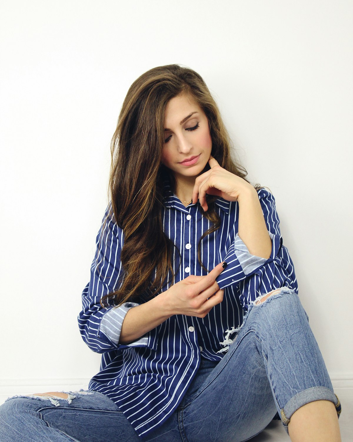 Navy and cream striped cotton tee with a wide boat neck and elbow sleeves