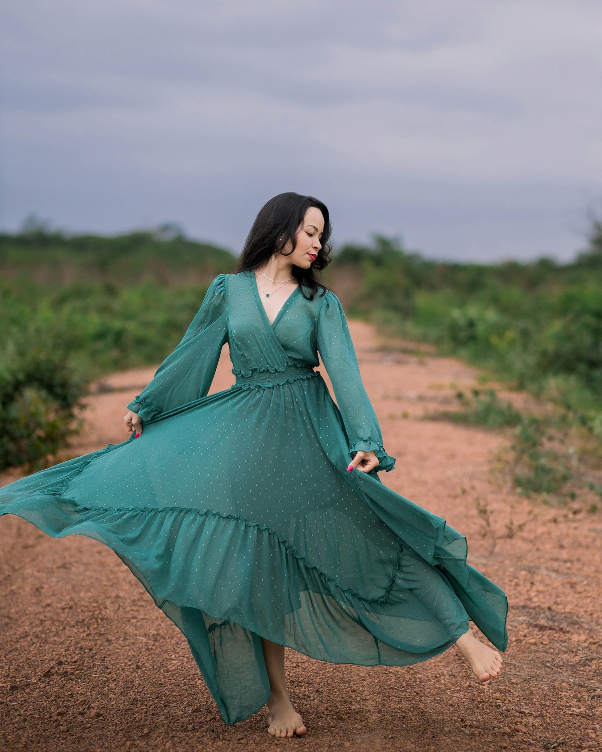 Black cotton poplin maxi dress with three tiers and shoulder ties